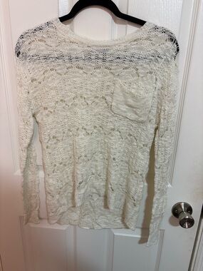 Freshman Ivory Open Knit Crochet-Style Long Sleeve Sweater